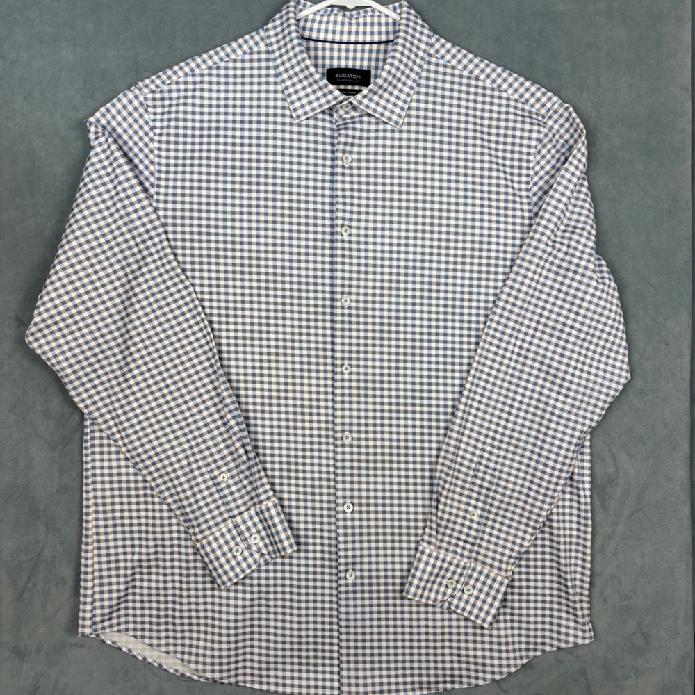 Bugatchi OoohCotton Tech Shirt Mens XXL Blue Tan Gingham 8-Way Stretch AF8046K60